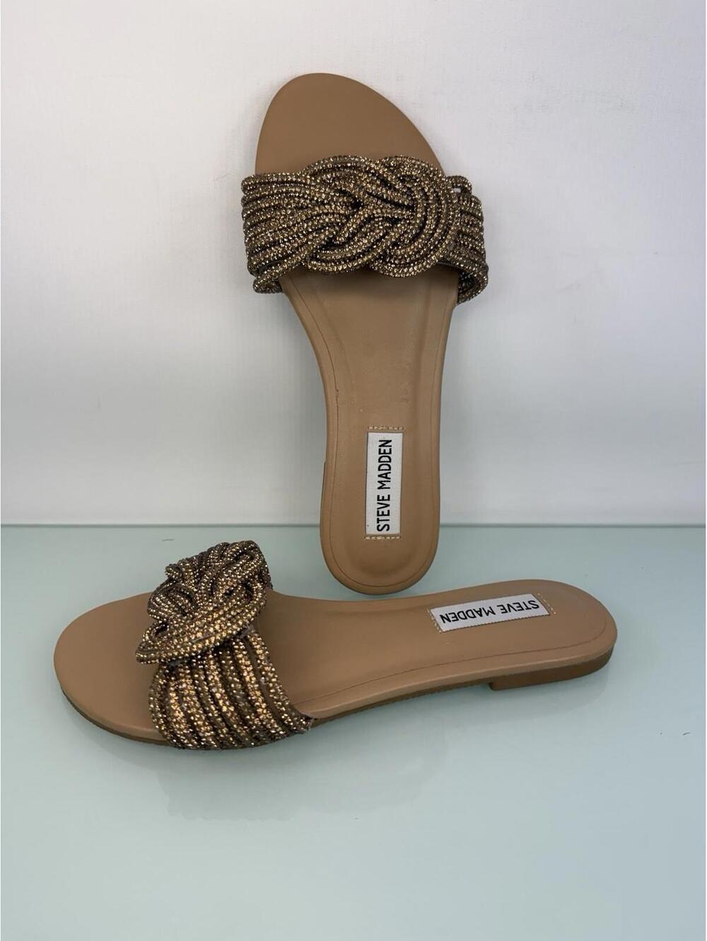 Steve Madden Tan Gold Beaded Slide Sandals